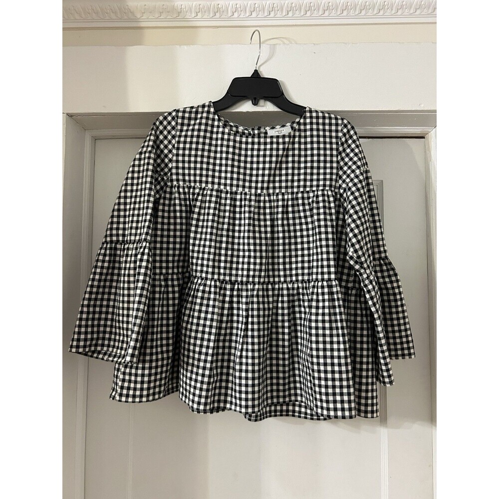 LaRoque Blouse Womens Black White Gingham Preppy Ruffle Fit And Flair Top Medium
